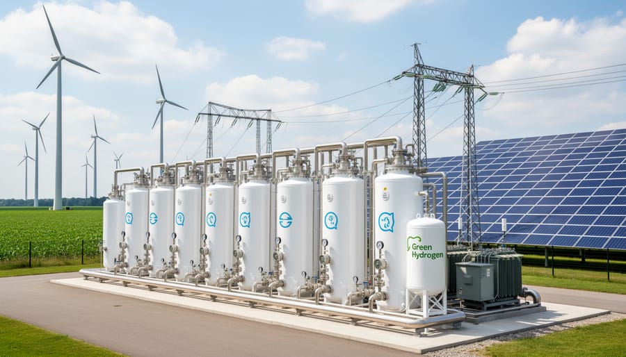 White electrolyzer units at a hydrogen facility with wind turbines in the background under an overcast sky
