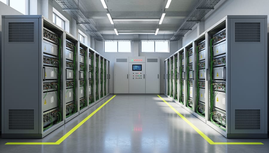 Close view of lithium-ion battery energy storage racks inside an industrial facility