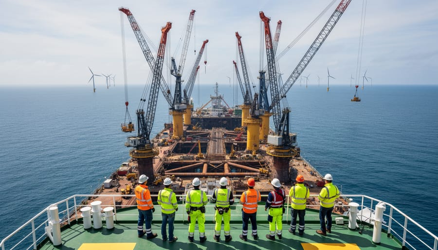 Offshore wind installation vessel and crane near a turbine foundation with distant turbines on the horizon