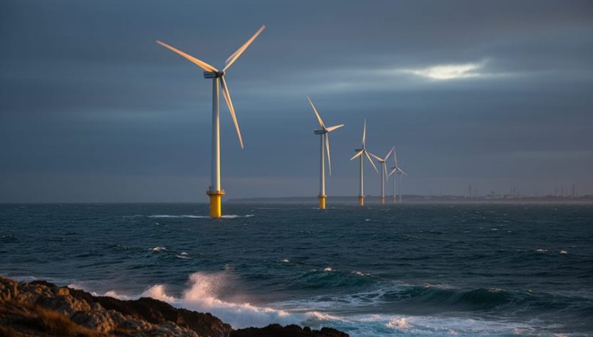 Offshore wind turbines on the U.S. East Coast at dusk, viewed from the shoreline with choppy water in the foreground.