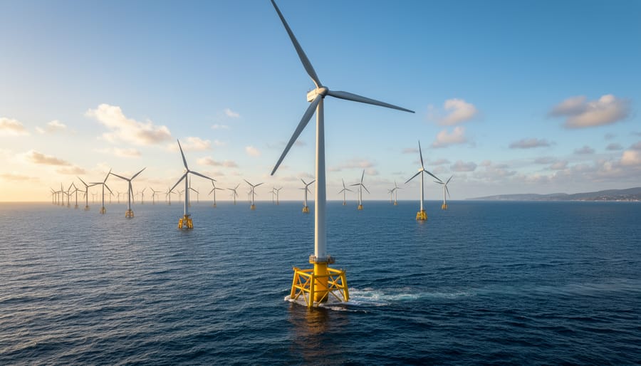 Offshore wind turbine illuminated by golden hour sunlight over the sea