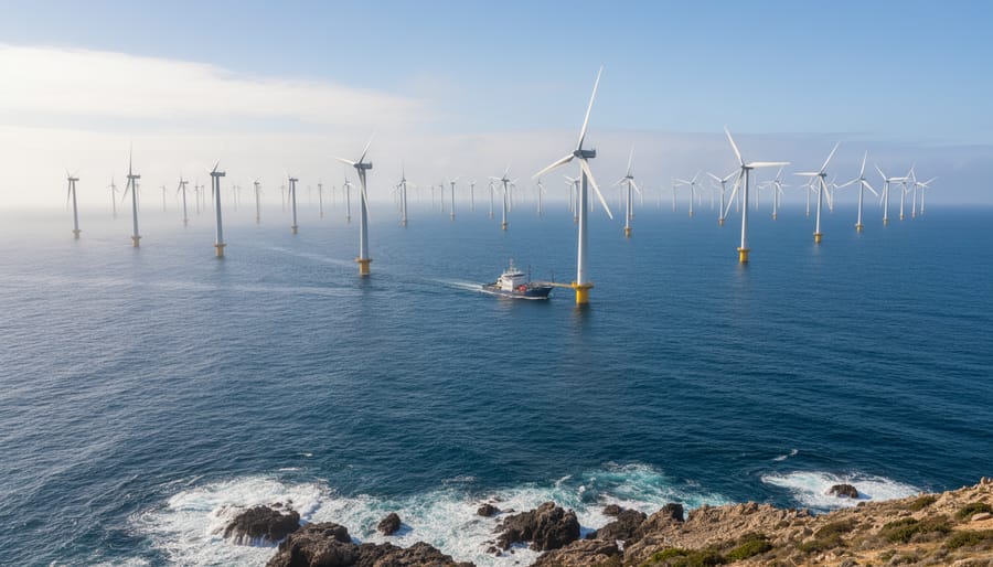 Offshore wind turbines rotating over the ocean near the U.S. coastline under an overcast sky