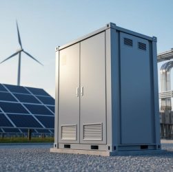 Containerized battery energy storage system next to solar panels with a wind turbine on the distant horizon.