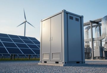 Containerized battery energy storage system next to solar panels with a wind turbine on the distant horizon.