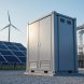 Containerized battery energy storage system next to solar panels with a wind turbine on the distant horizon.