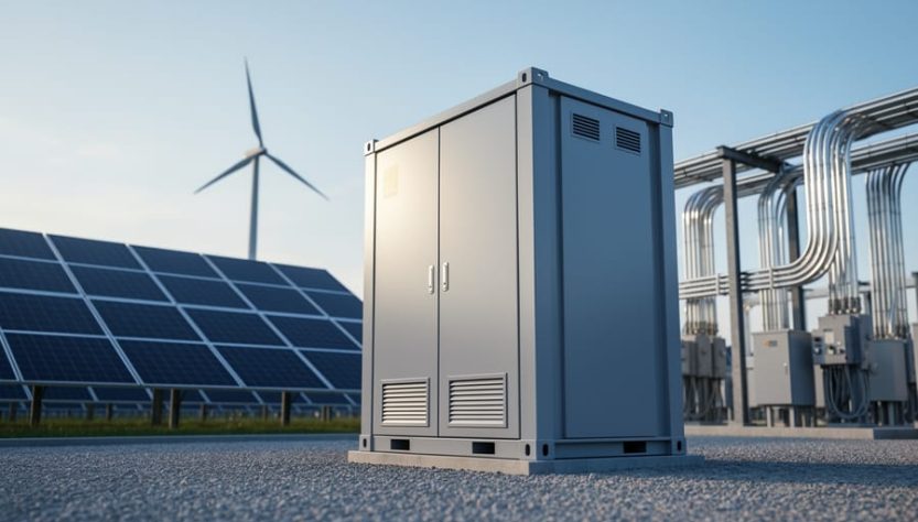Containerized battery energy storage system next to solar panels with a wind turbine on the distant horizon.