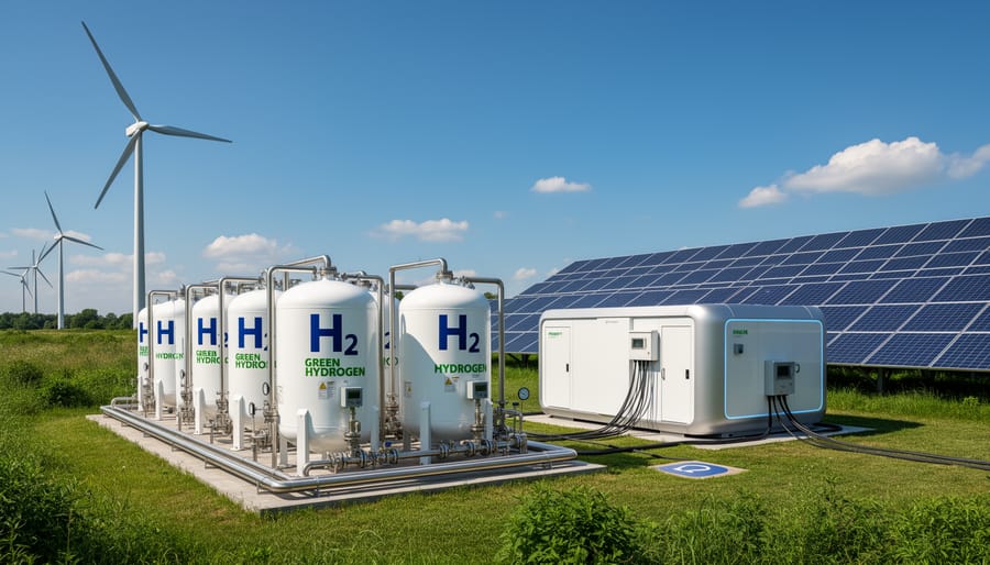 Wind turbine blades and solar panels captured during golden hour sunlight