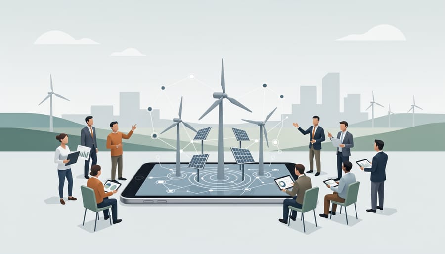 Team of renewable energy professionals standing together overlooking solar panels and a wind turbine