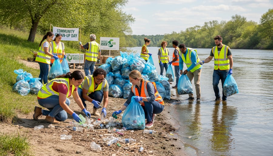 Gloved hands picking up plastic litter during a river clean-up