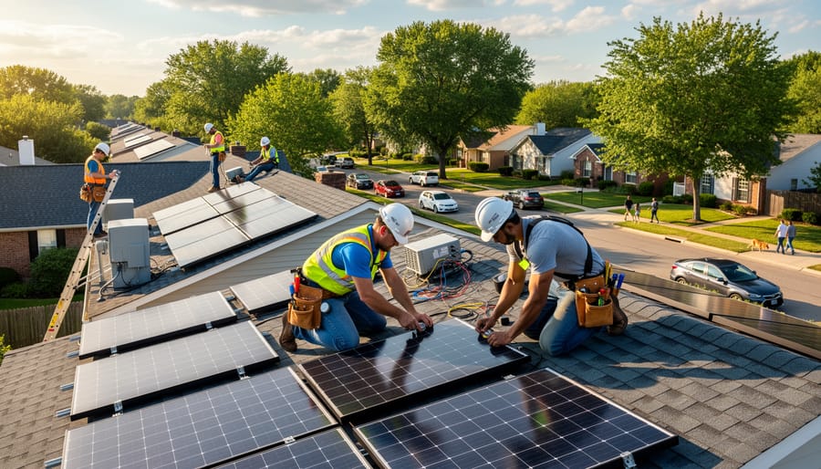 Construction workers installing rooftop solar panels on a home under soft daylight.
