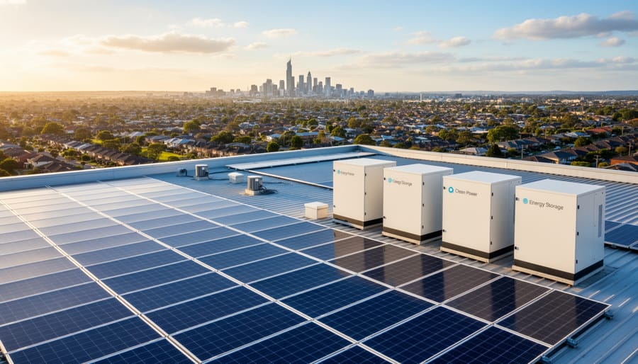 Rooftop solar panels next to a battery storage unit on a California home