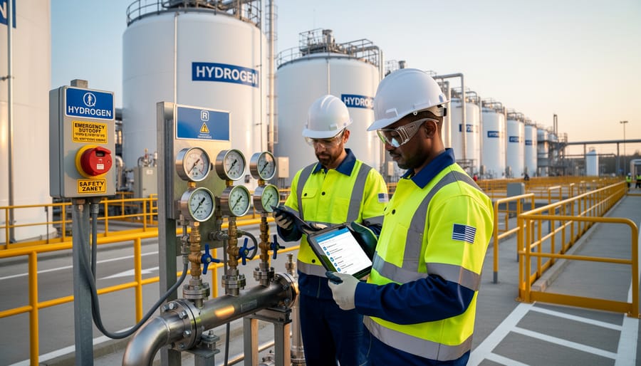 Worker in protective gear holding a clear container near hydrogen-related industrial equipment