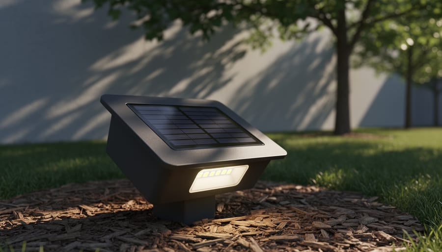 Shaded solar panel on a garden light with sunlight blocked by nearby tree branches.