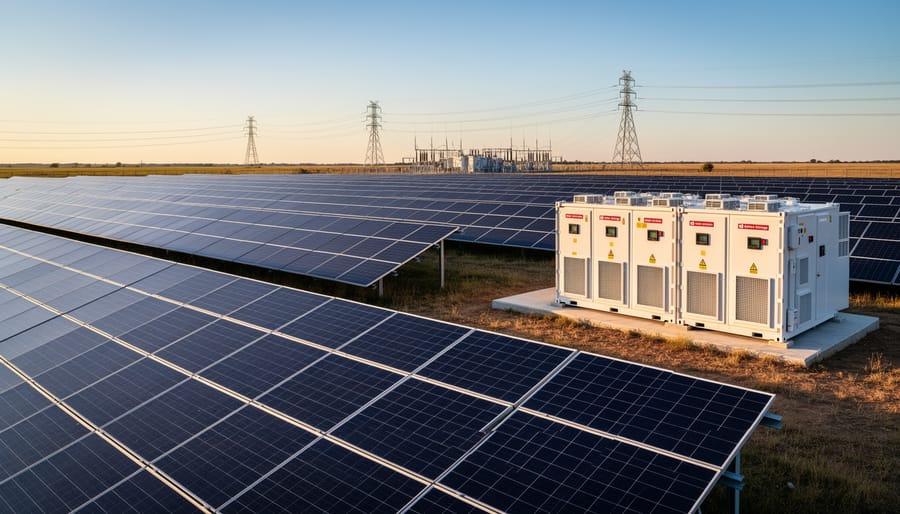 Utility-scale solar panels with nearby battery energy storage cabinets in the foreground at sunrise