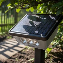 Solar pathway light on a garden walkway with leafy branches casting shadows over its solar panel, illustrating environmental causes of poor performance.