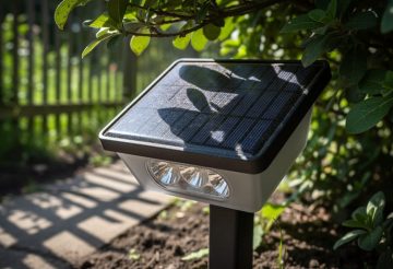 Solar pathway light on a garden walkway with leafy branches casting shadows over its solar panel, illustrating environmental causes of poor performance.
