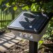 Solar pathway light on a garden walkway with leafy branches casting shadows over its solar panel, illustrating environmental causes of poor performance.