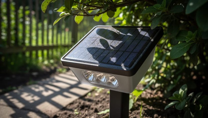 Solar pathway light on a garden walkway with leafy branches casting shadows over its solar panel, illustrating environmental causes of poor performance.