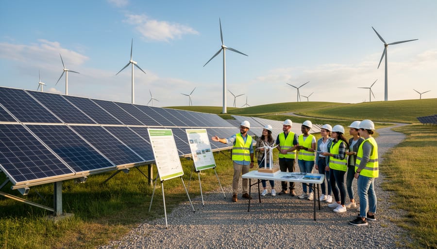 Solar panels and wind turbines at a renewable energy facility under golden hour light