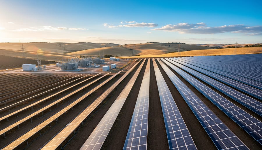 Rows of solar panels at a utility-scale solar farm under an overcast sky