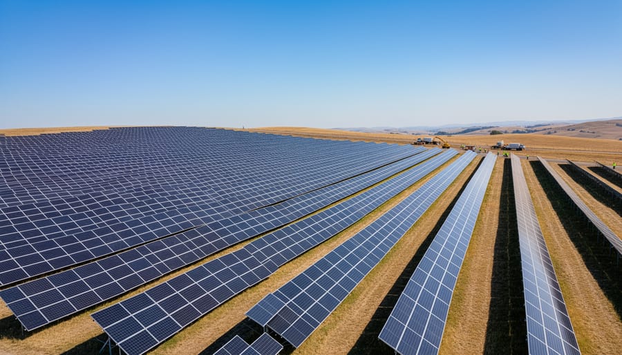 Wide view of a utility-scale solar farm with sunlight reflecting off photovoltaic panels.