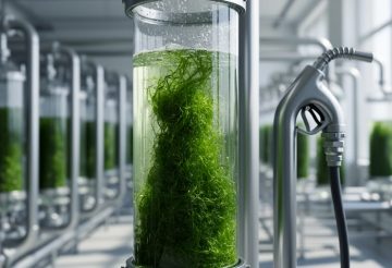 Green algae biomass in a transparent cultivation tank with modern biorefinery equipment and pipelines in the background, representing biofuel production.