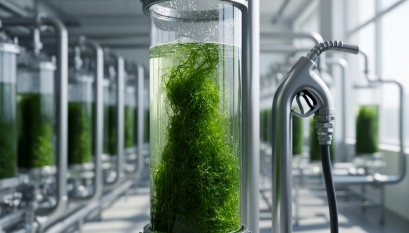 Green algae biomass in a transparent cultivation tank with modern biorefinery equipment and pipelines in the background, representing biofuel production.