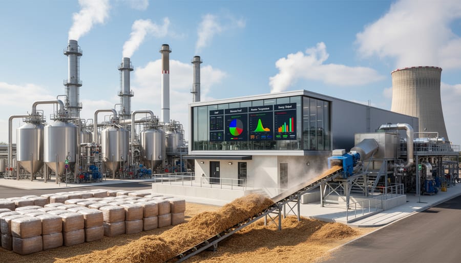 Stainless steel tanks and piping at a biofuel production facility with steam in the background.