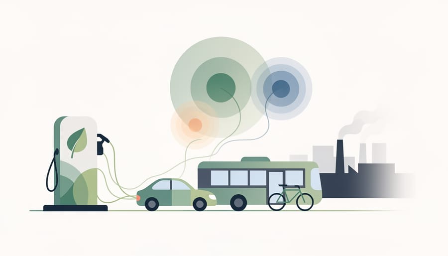 A modern vehicle driving on a highway near green vegetation, symbolizing biofuel use in transportation.