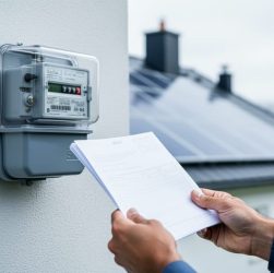 Close-up of a utility meter and a homeowner’s hands holding an unreadable electricity bill near solar panels, illustrating comparing energy costs.