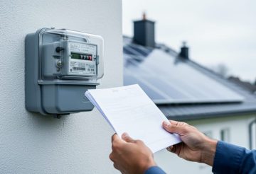 Close-up of a utility meter and a homeowner’s hands holding an unreadable electricity bill near solar panels, illustrating comparing energy costs.