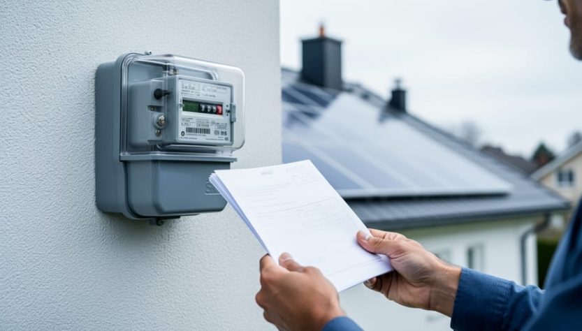 Close-up of a utility meter and a homeowner’s hands holding an unreadable electricity bill near solar panels, illustrating comparing energy costs.