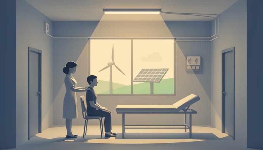 Nurse in a village clinic illuminated by reliable electricity at night