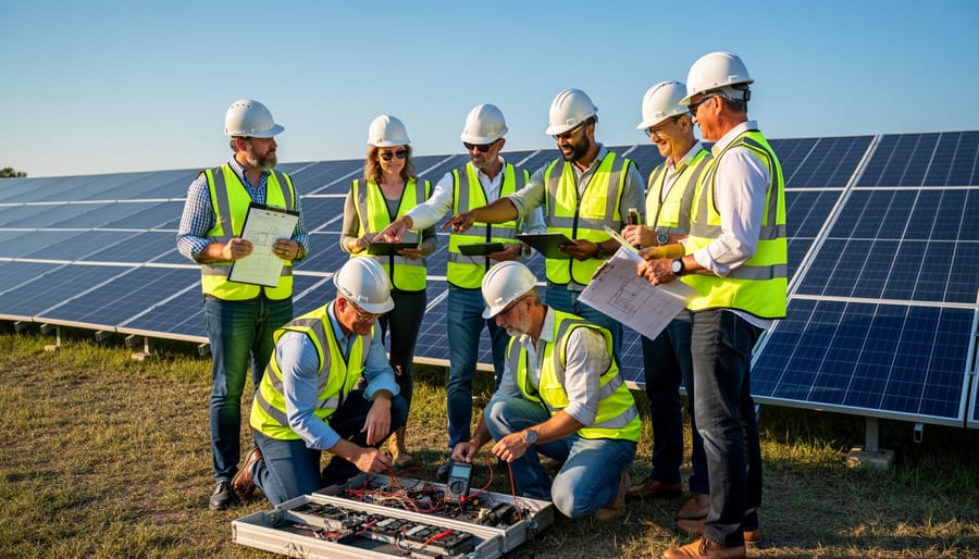 Workers and community members inspecting a solar installation at a village school compound