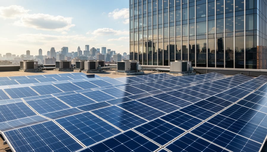 Solar panels installed on a corporate rooftop next to a modern office building.