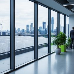 View from a modern office looking out at rooftop solar panels and a distant wind turbine, symbolizing ESG-aligned renewable energy integration and clean power strategy.