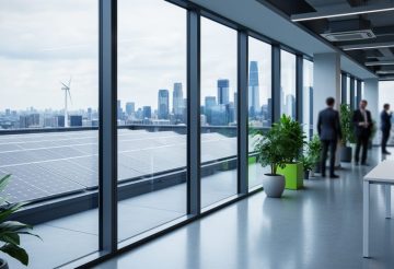 View from a modern office looking out at rooftop solar panels and a distant wind turbine, symbolizing ESG-aligned renewable energy integration and clean power strategy.