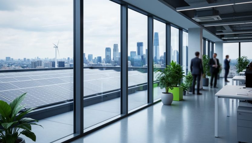 View from a modern office looking out at rooftop solar panels and a distant wind turbine, symbolizing ESG-aligned renewable energy integration and clean power strategy.