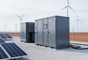 Grid-scale battery energy storage cabinets at a solar farm, with solar panels and wind turbines softly visible in the distance.
