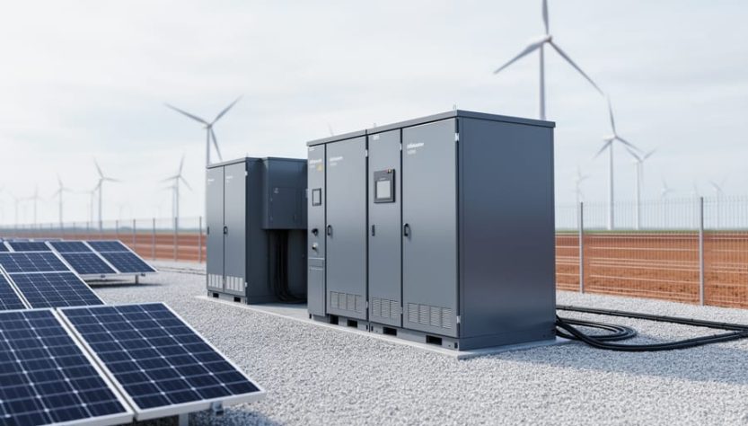 Grid-scale battery energy storage cabinets at a solar farm, with solar panels and wind turbines softly visible in the distance.