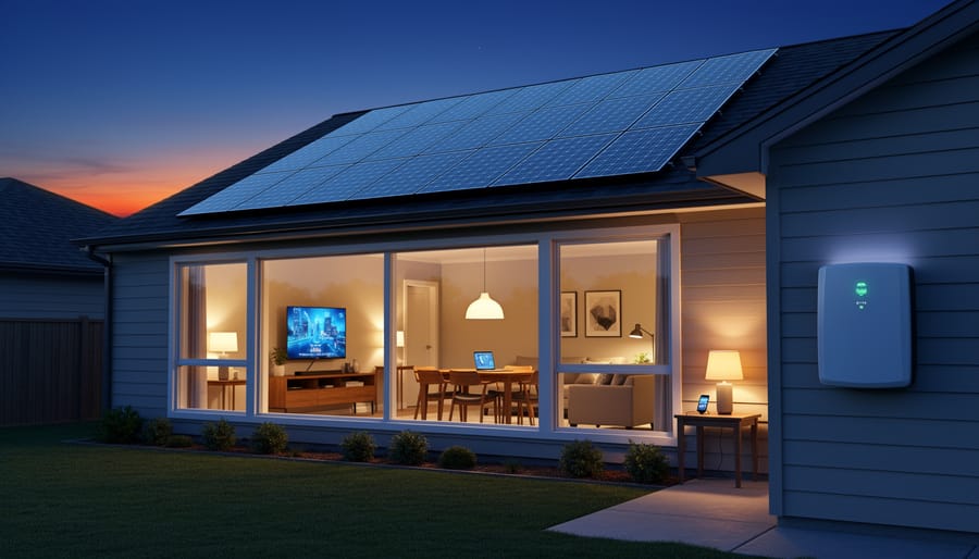 Dusk-lit off-grid home interior with inverter equipment glow and household devices powered indoors.
