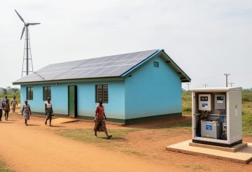 Rural off-grid renewable energy installation with solar panels on a clinic roof and a small wind turbine nearby, with community members walking in the background.