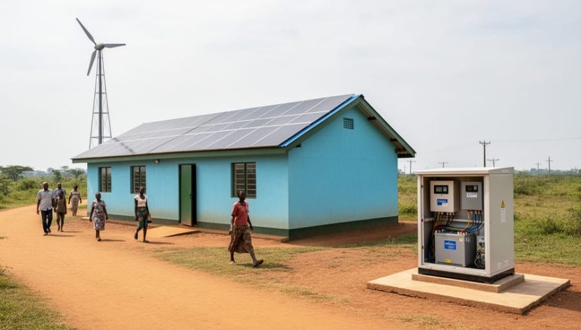 Rural off-grid renewable energy installation with solar panels on a clinic roof and a small wind turbine nearby, with community members walking in the background.