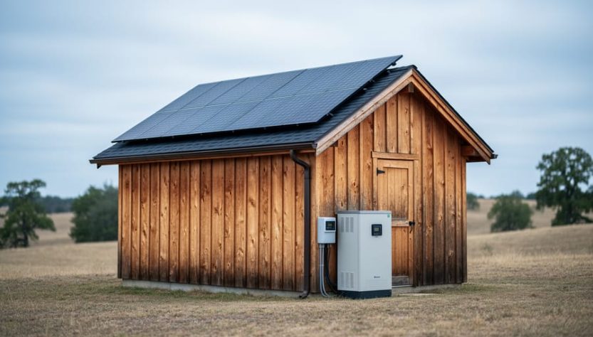 Remote cabin with a rooftop solar panel array and nearby off-grid power equipment in a rural landscape under overcast light.