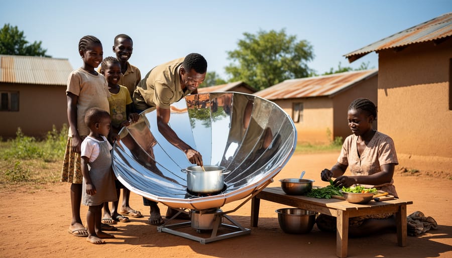 People preparing food with a panel-style solar cooker in a rural outdoor setting