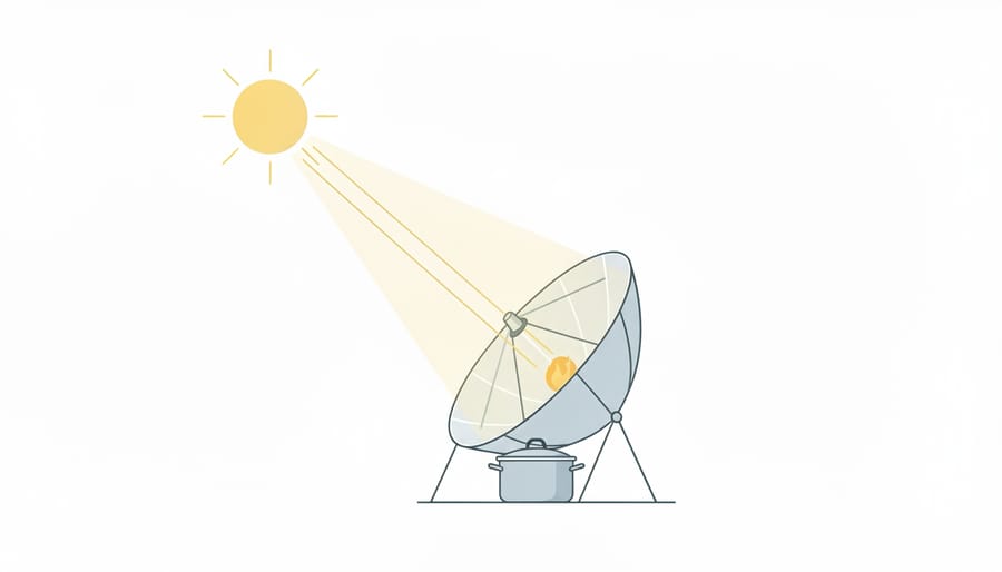 Parabolic solar cooker with sunlight concentrated on a cooking pot producing visible steam