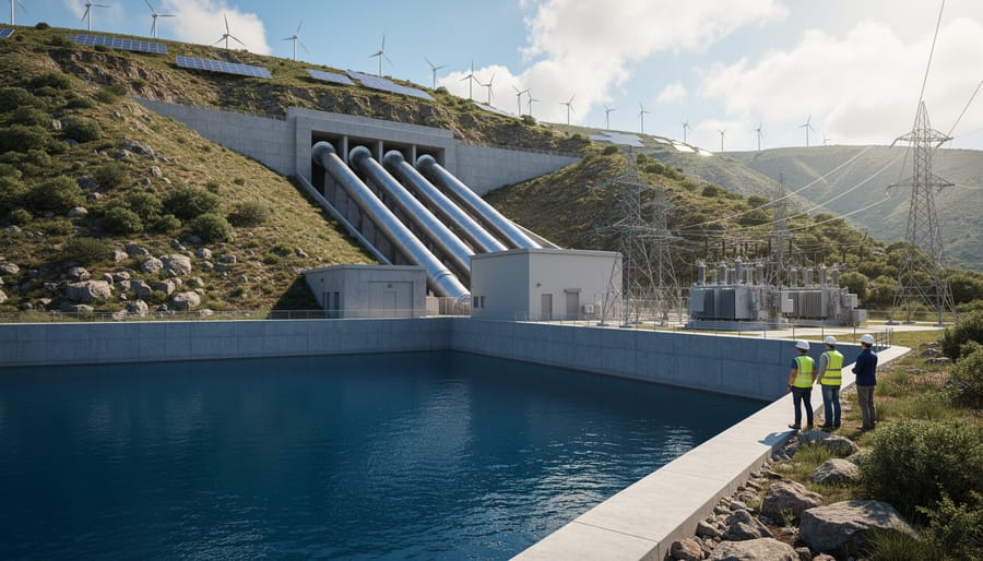 Calm reservoir and dam infrastructure at golden hour suggesting pumped-hydro energy storage