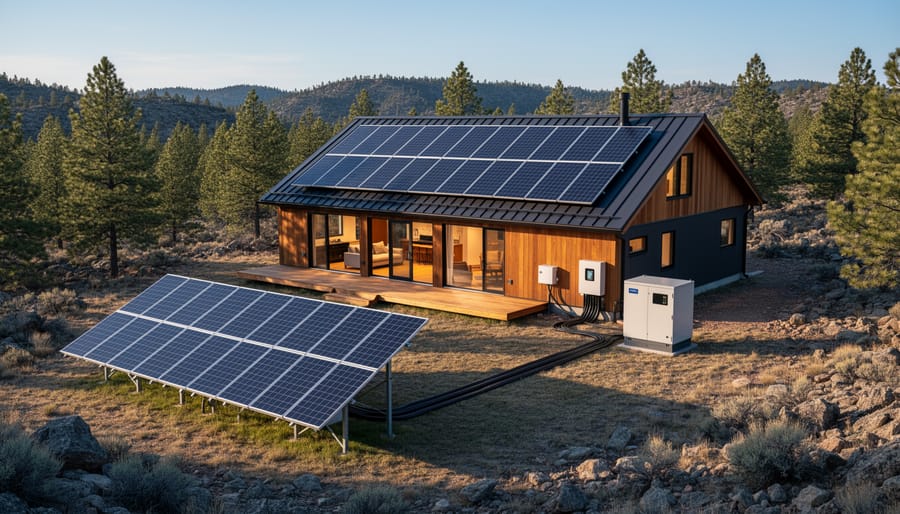 Remote off-grid home with rooftop solar panels and an outdoor battery cabinet in a rugged landscape.