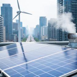“Rooftop solar panels and a small urban wind turbine above dense high-rise buildings, with steam rising from a nearby heat recovery system.”