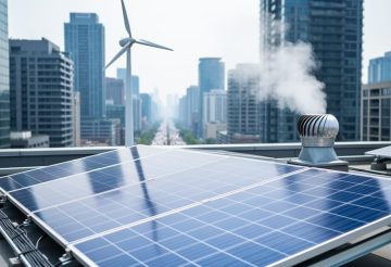 “Rooftop solar panels and a small urban wind turbine above dense high-rise buildings, with steam rising from a nearby heat recovery system.”